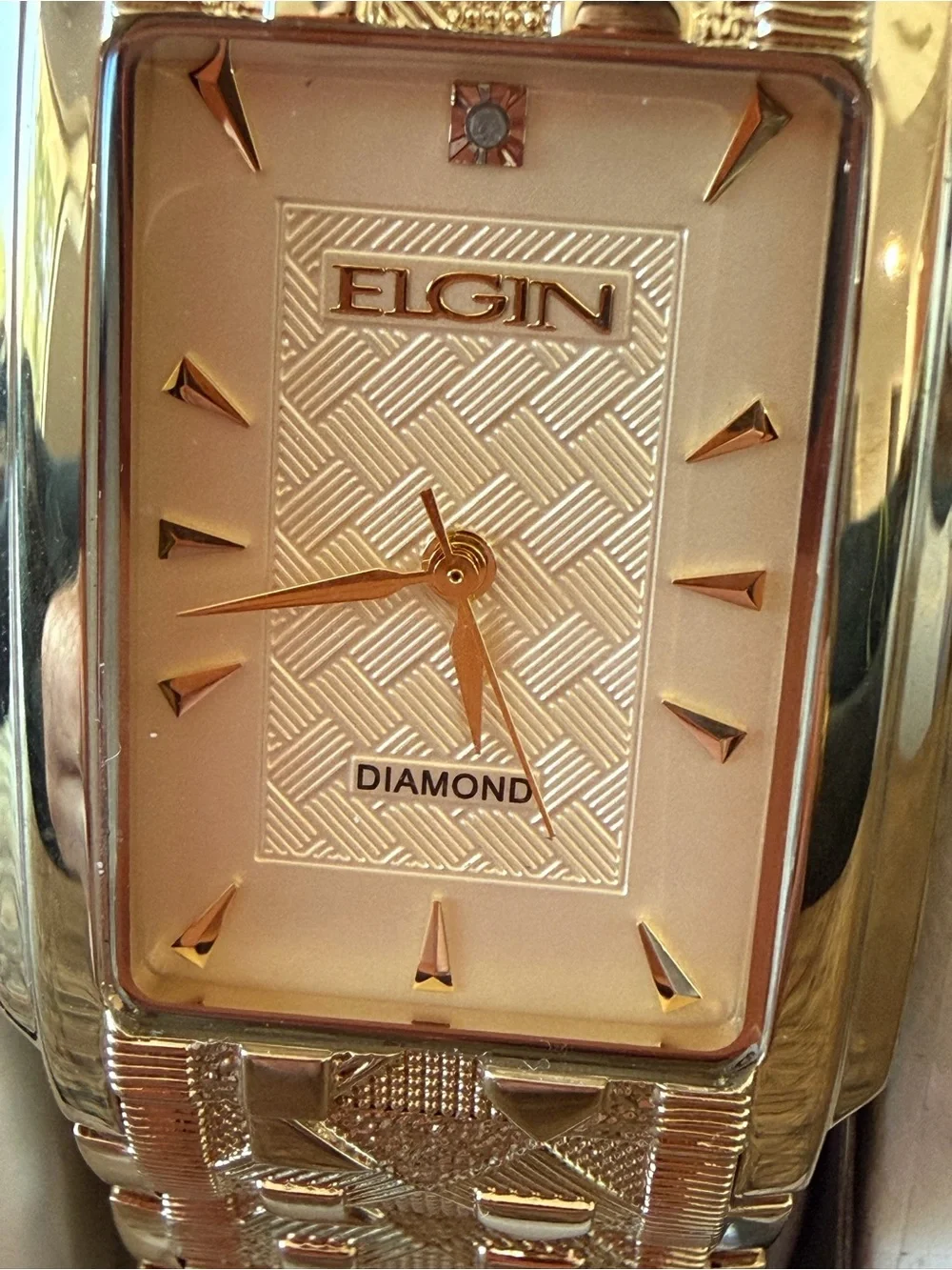 New! Elgin Gold Tone 28mm Diamond Dial Rectangular Men’s Watch